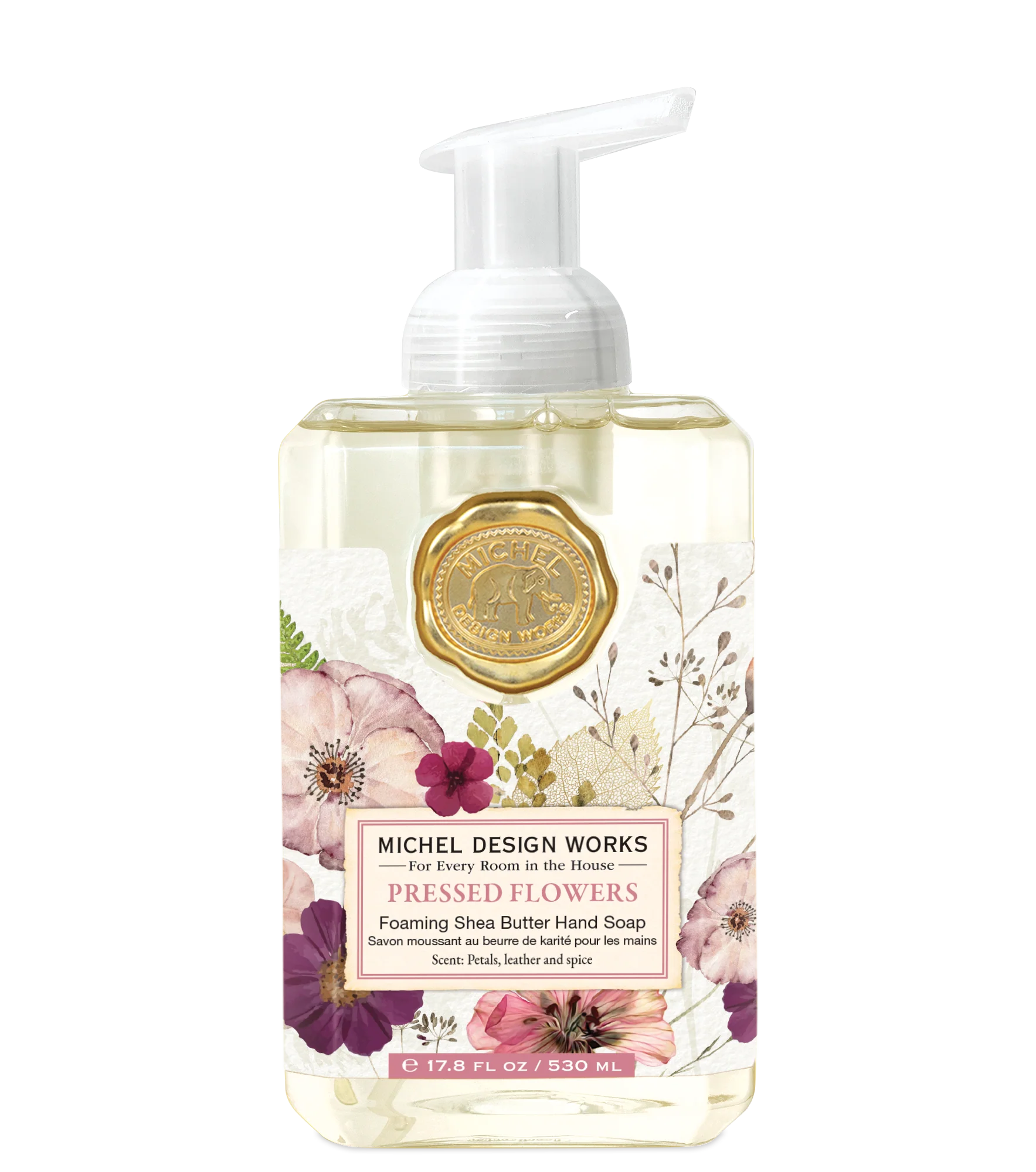 Michel Design Works foaming hand soap bottle with floral design on a white background