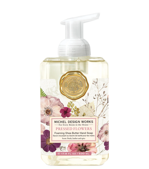 Michel Design Works foaming hand soap bottle with floral design on a white background