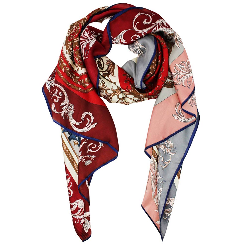 Red & Blue Boho Ornate Pattern Printed Oblong Silky Satin Scarf Shawl