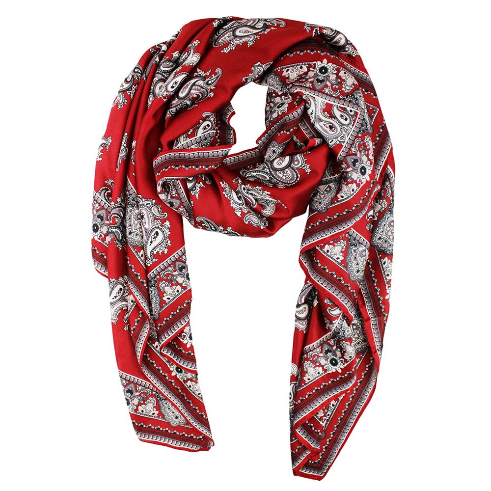 Red Paisley Pattern Printed Oblong Silky Satin Scarf Shawl