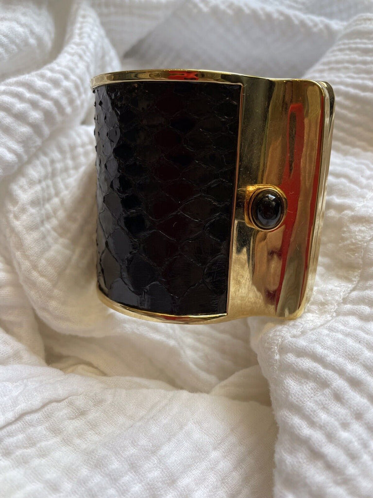 Kara Ross Stamped Leather and Gold Plated Hinged Cuff Bracelet