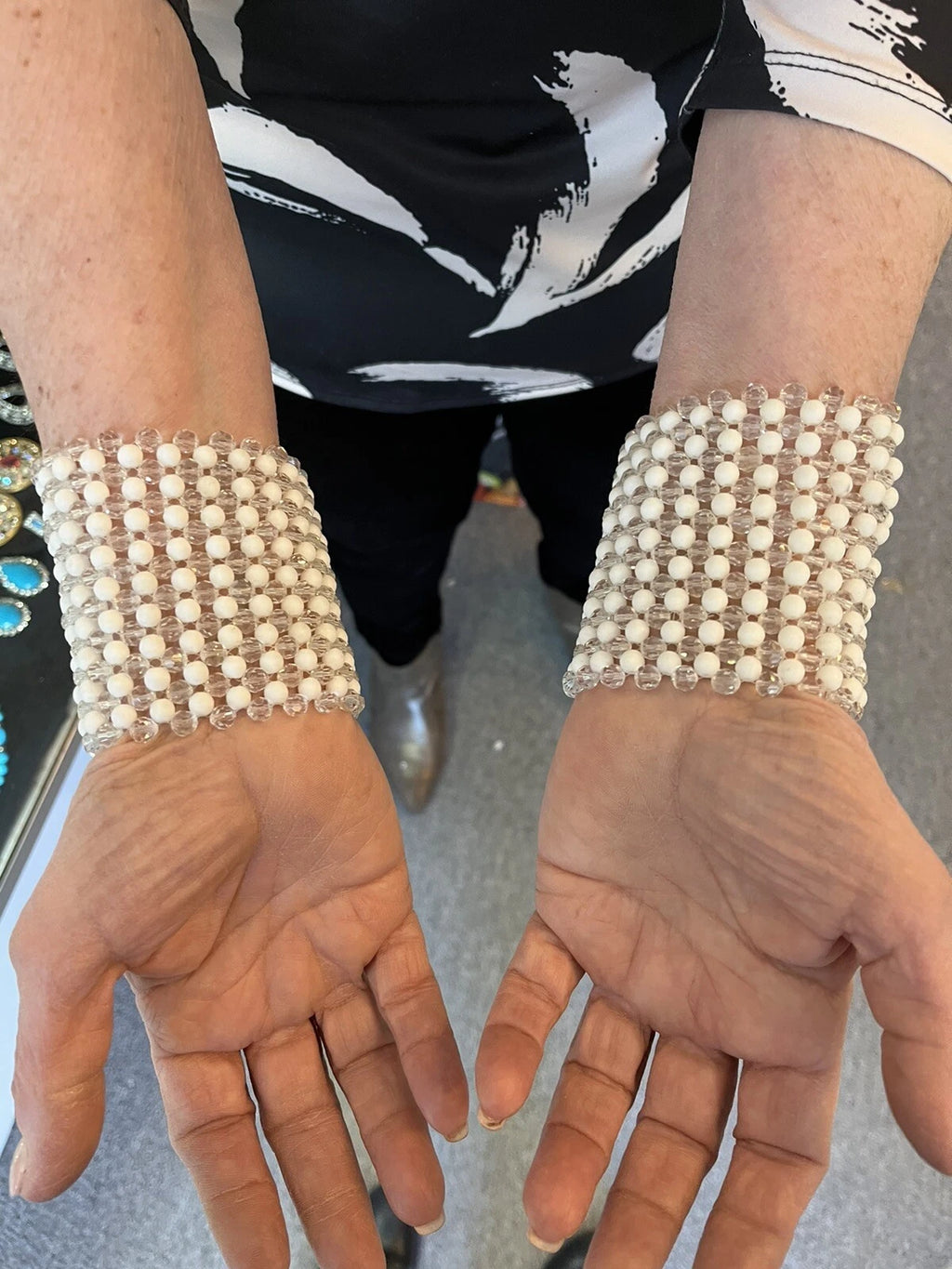 50s White and Clear Bead necklace with matching cuff bracelets