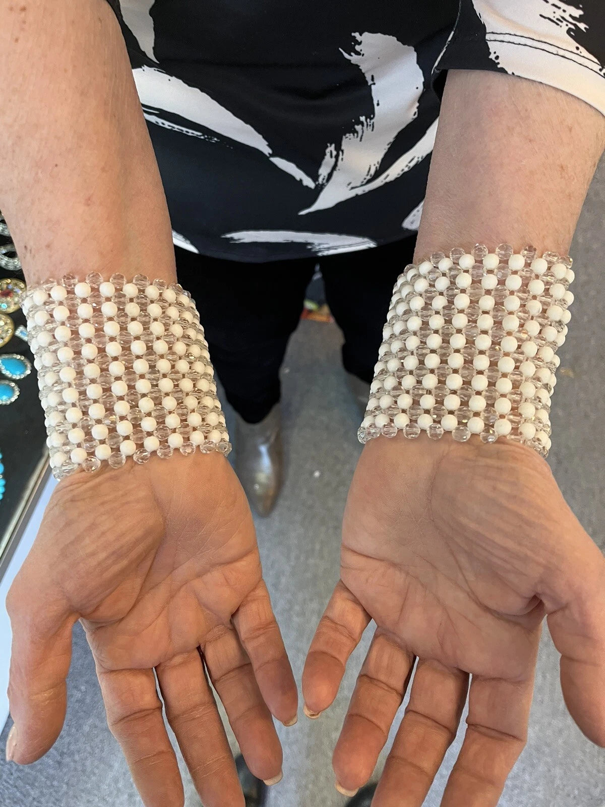 50s White and Clear Bead necklace with matching cuff bracelets