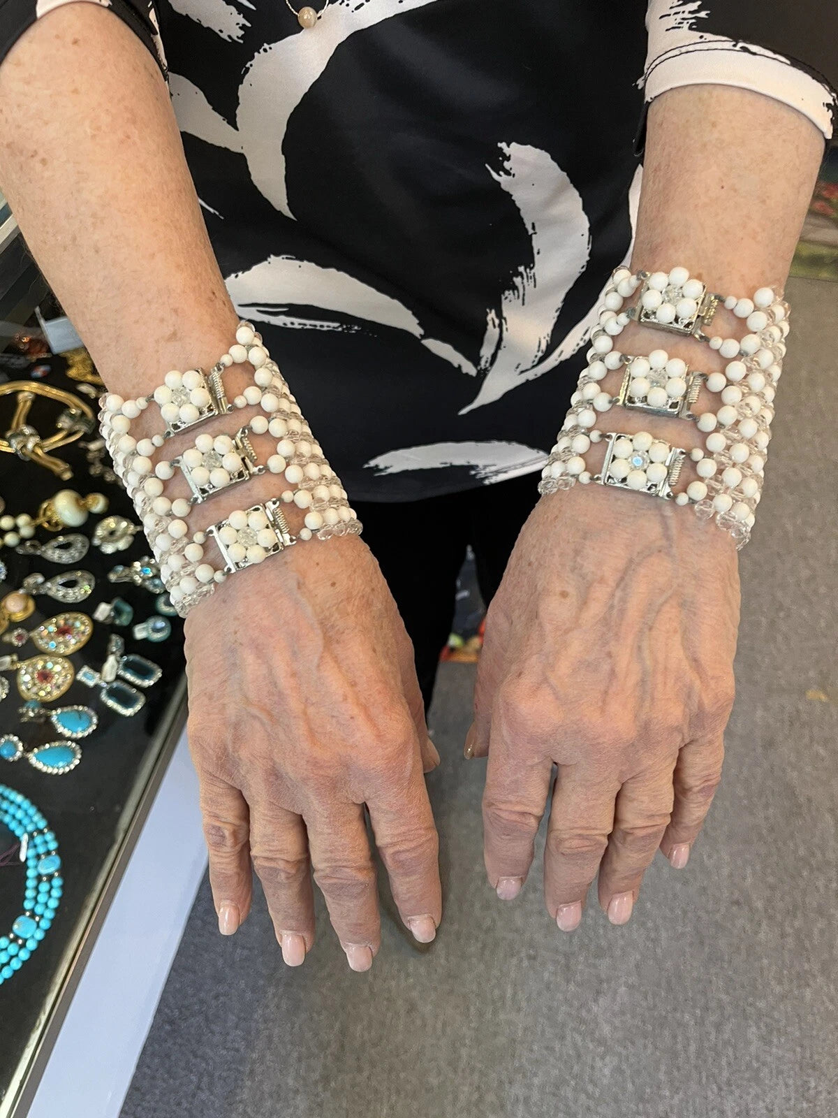 50s White and Clear Bead necklace with matching cuff bracelets