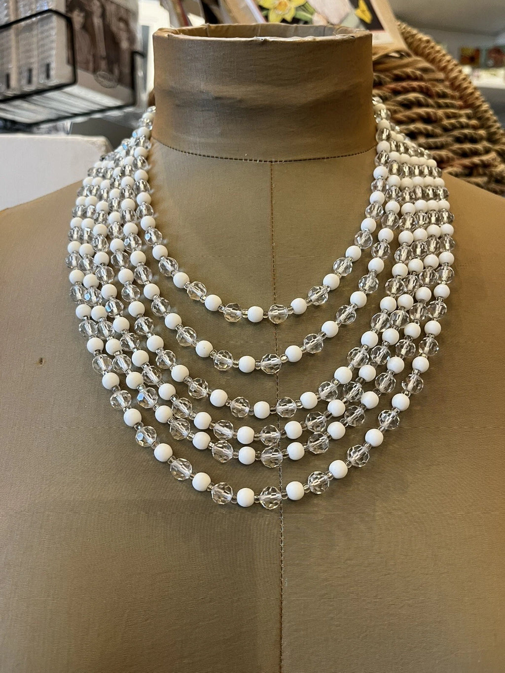 50s White and Clear Bead necklace with matching cuff bracelets