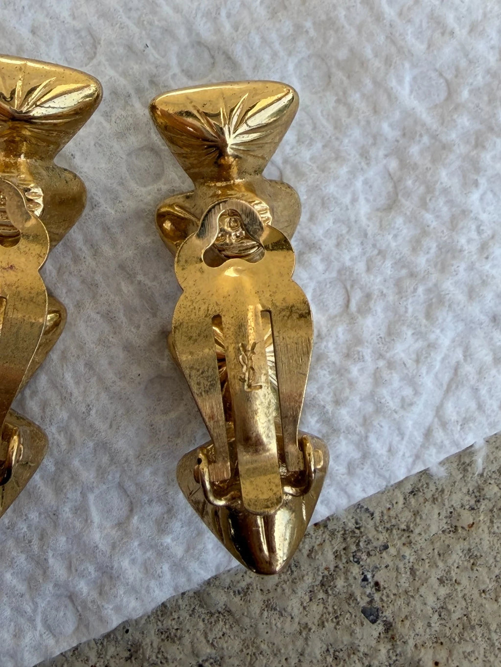 Vintage 80's YSL Gold Clip On Clear Crystal Triangle Earrings