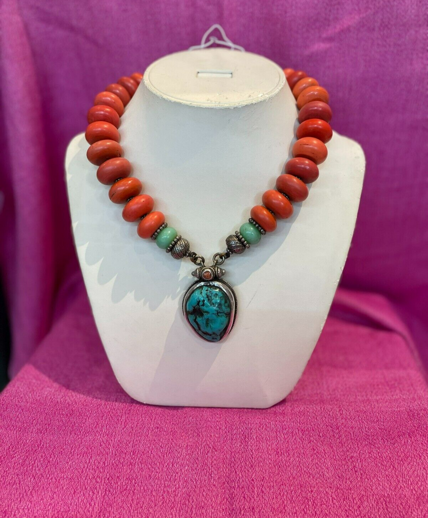 Masha Archer Vintage One Of A Kind Coral Turquoise and Sterling Necklace