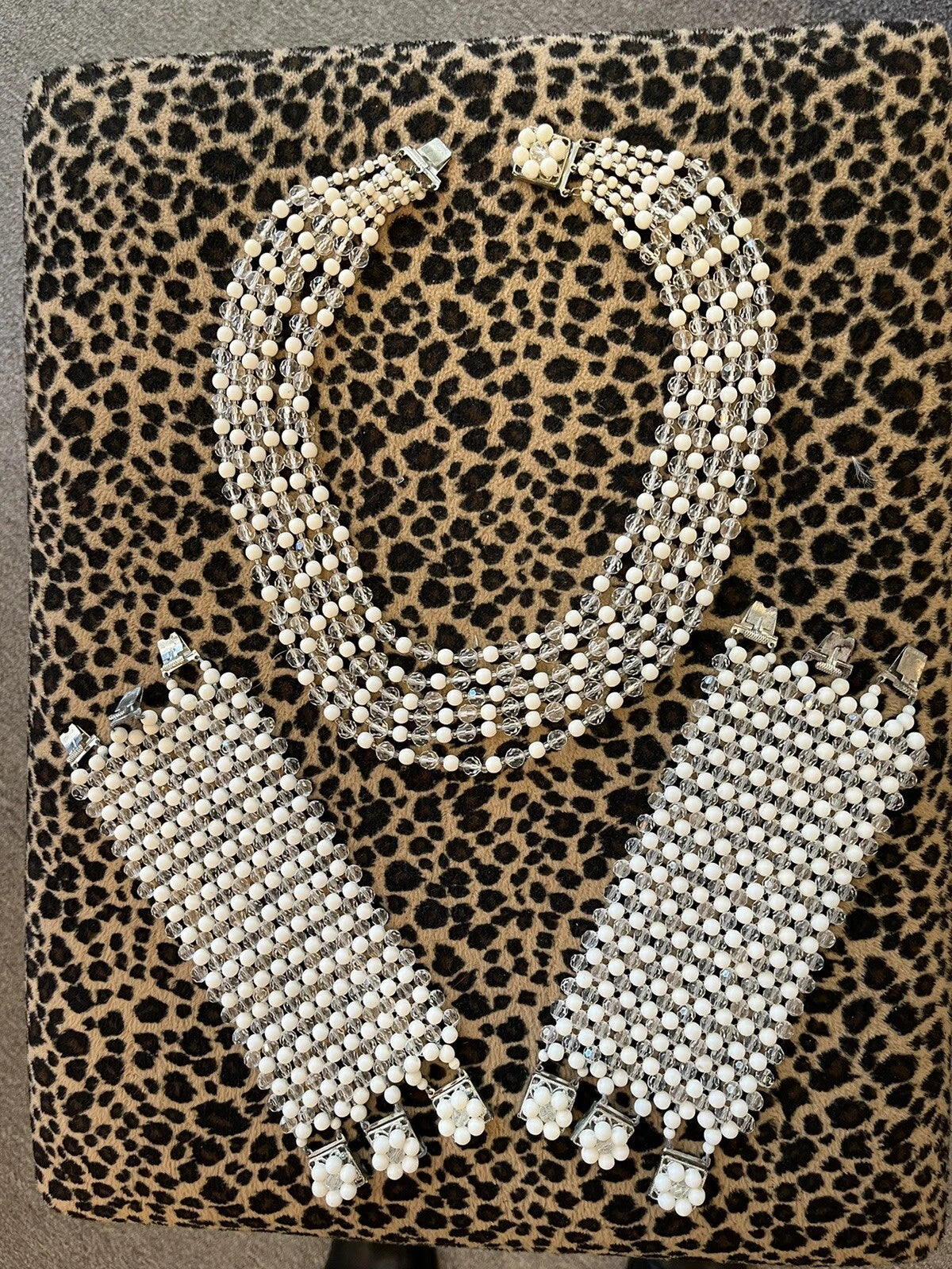 50s White and Clear Bead necklace with matching cuff bracelets