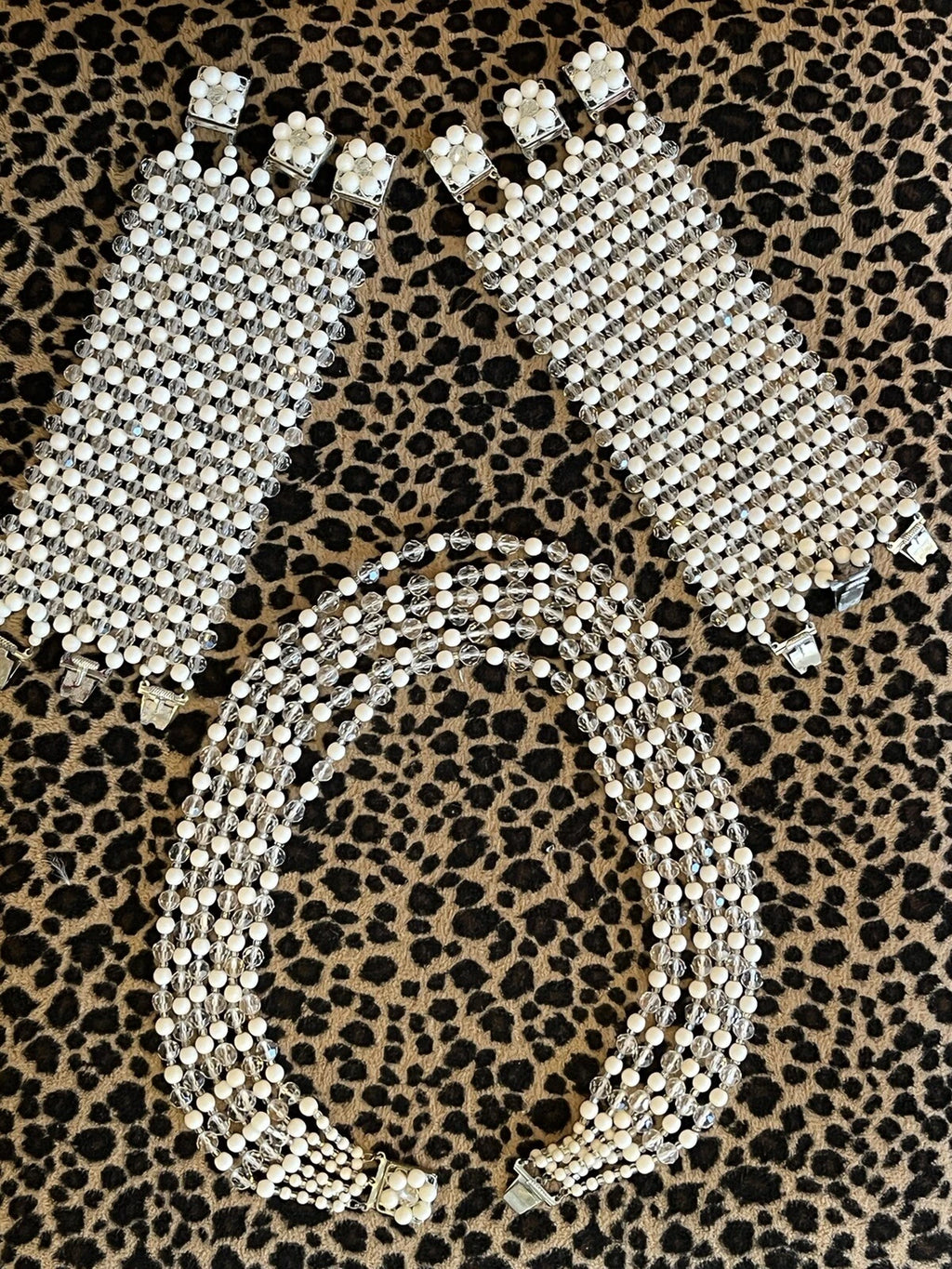 50s White and Clear Bead necklace with matching cuff bracelets