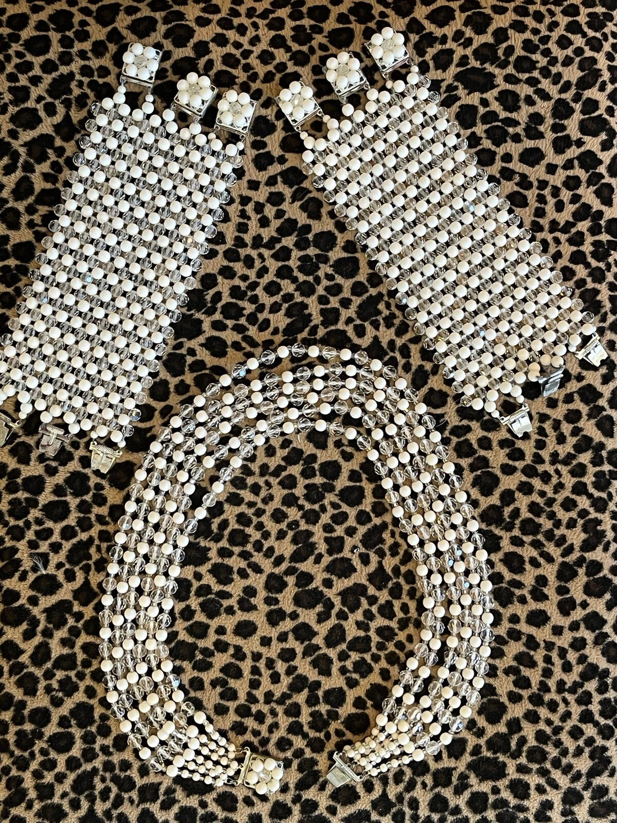 50s White and Clear Bead necklace with matching cuff bracelets