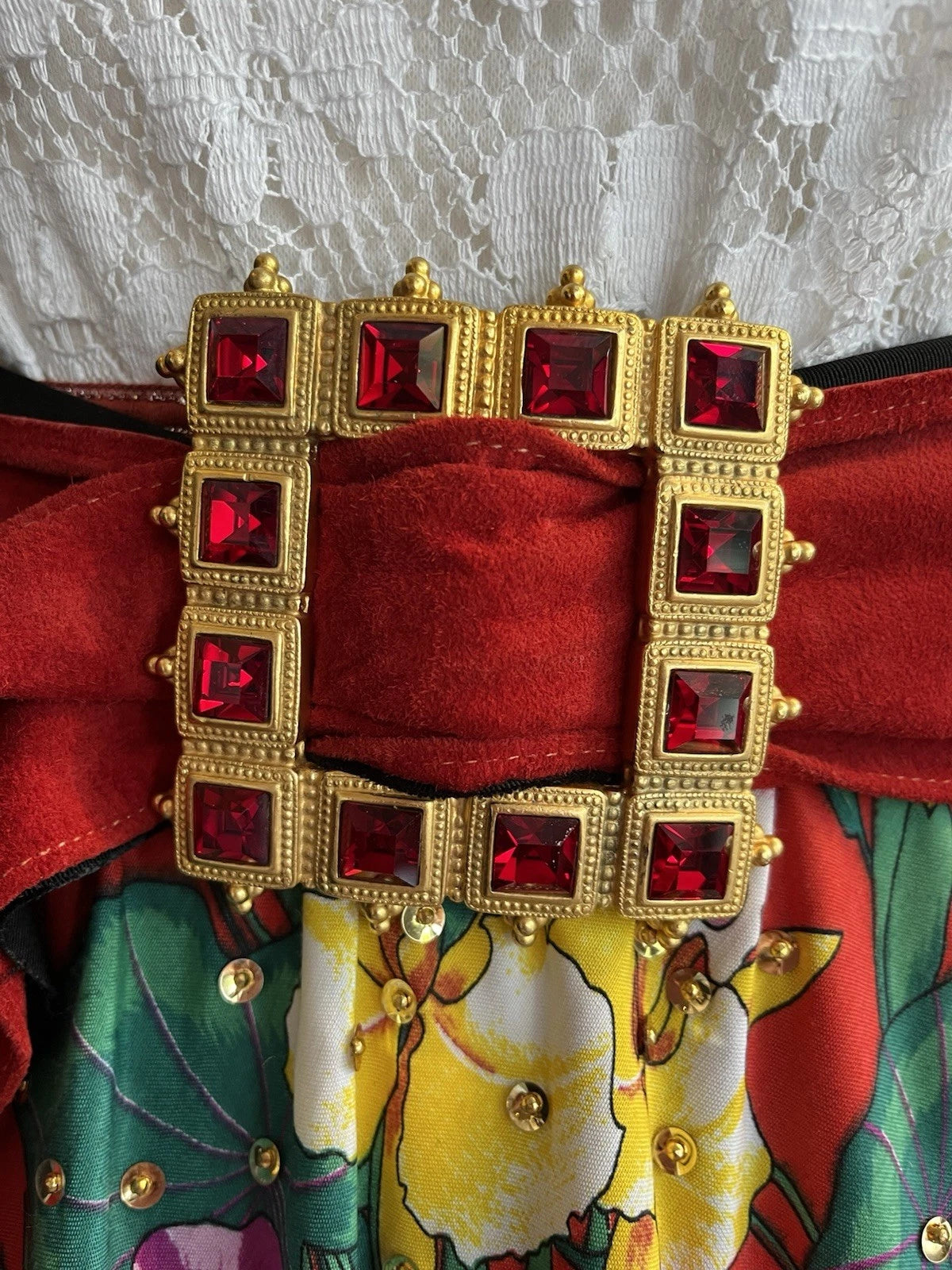 Rare Vintage 80s Ben Amun Red Faceted Crystals in Gold Belt Buckle