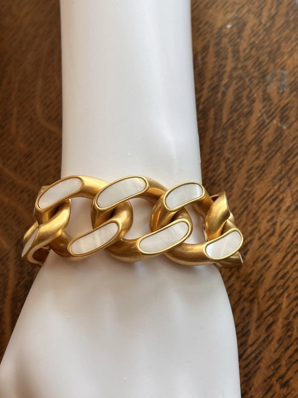 TORY BURCH ROXANNE CHUNKY GOLD BRACELET WITH INLAID MOTHER OF PEARL