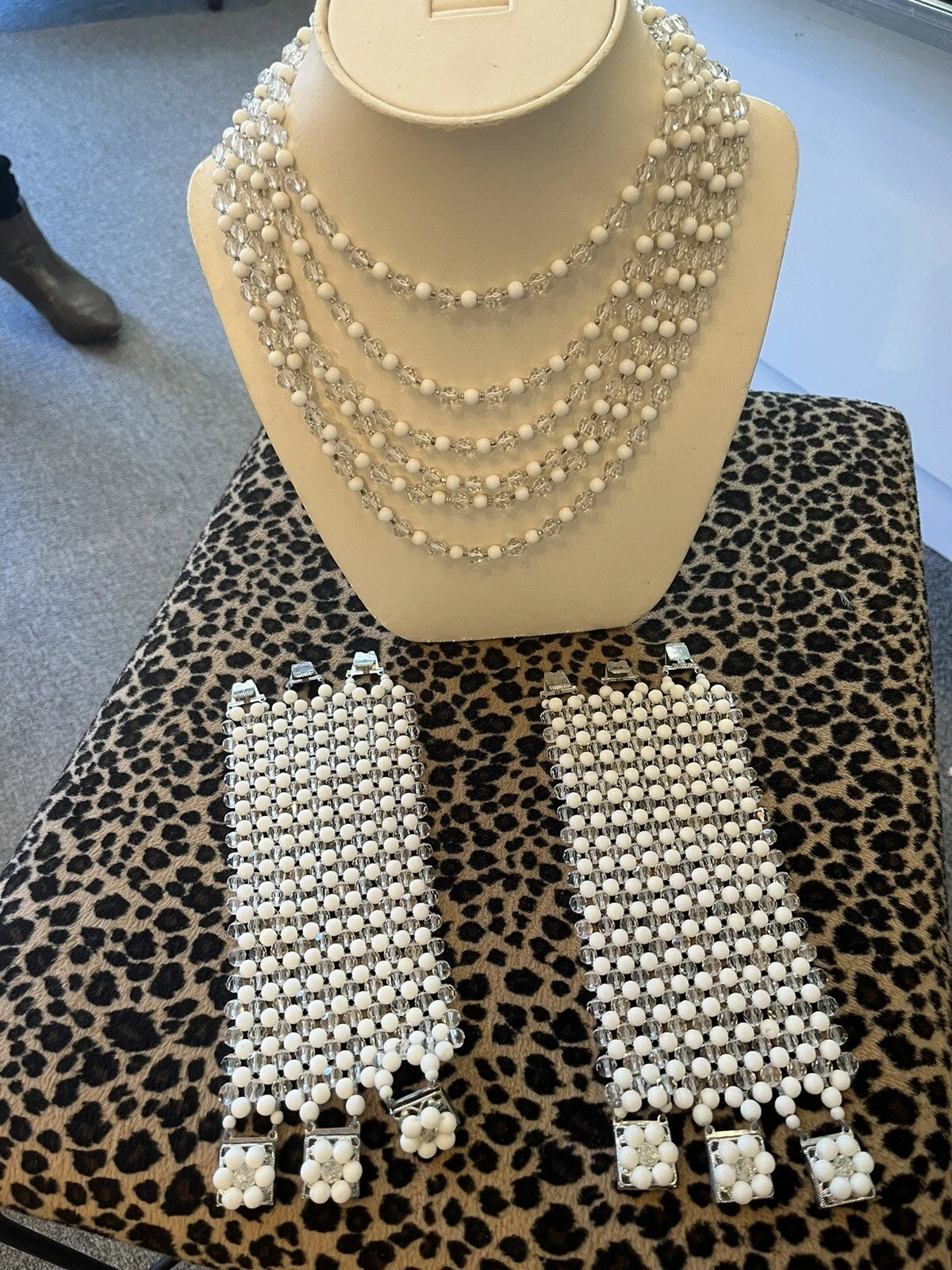 50s White and Clear Bead necklace with matching cuff bracelets