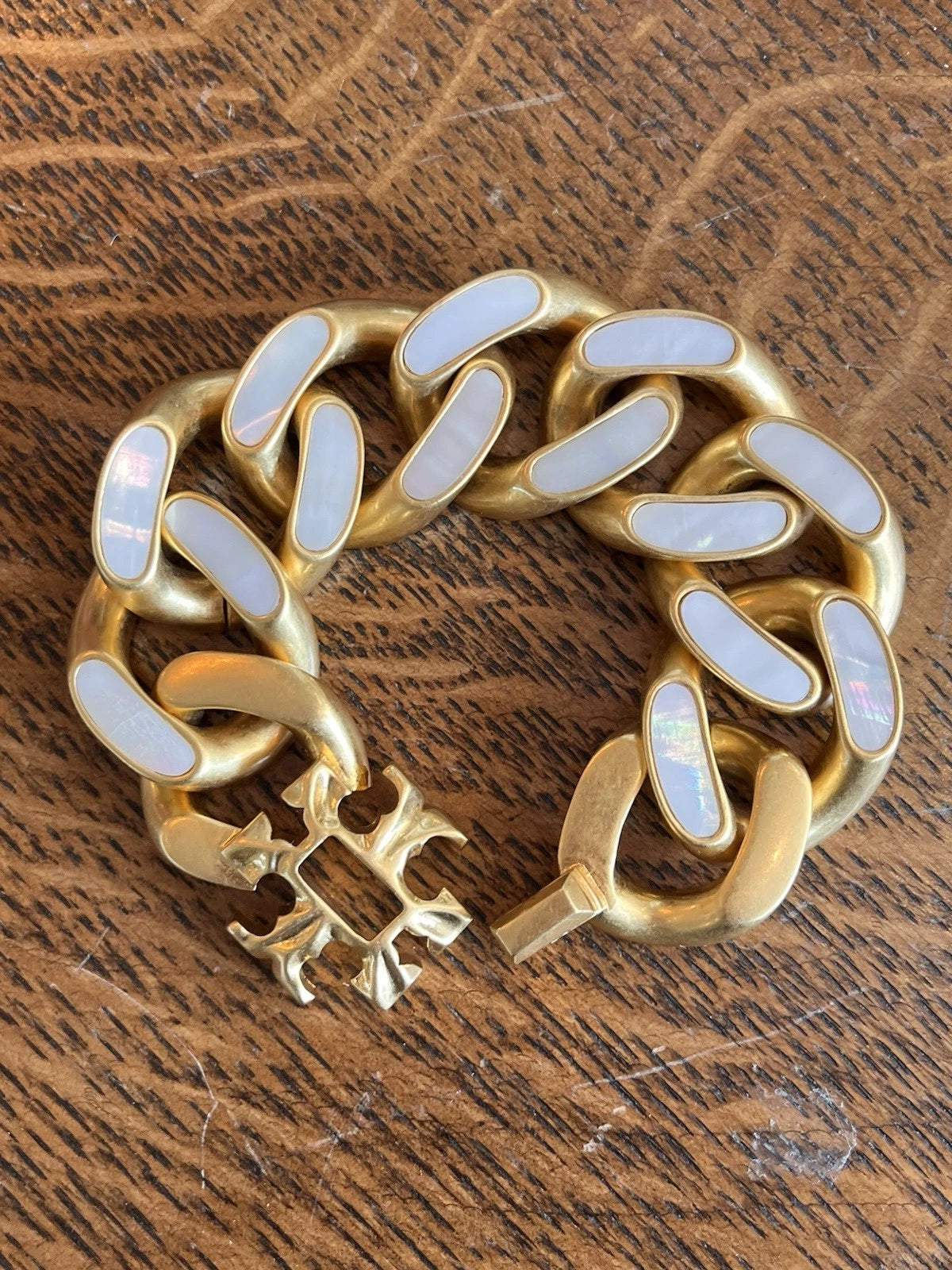 TORY BURCH ROXANNE CHUNKY GOLD BRACELET WITH INLAID MOTHER OF PEARL