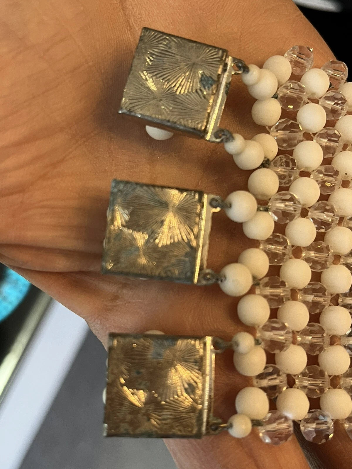 50s White and Clear Bead necklace with matching cuff bracelets