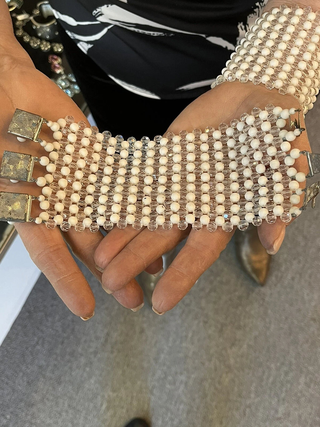 50s White and Clear Bead necklace with matching cuff bracelets