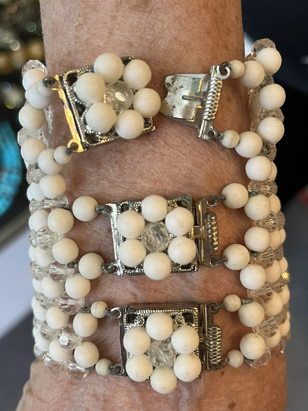 50s White and Clear Bead necklace with matching cuff bracelets