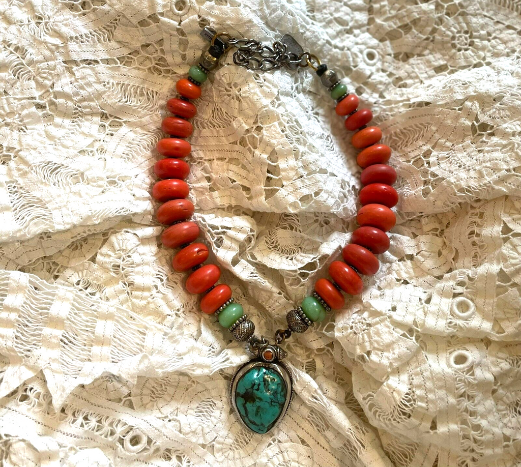 Masha Archer Vintage One Of A Kind Coral Turquoise and Sterling Necklace
