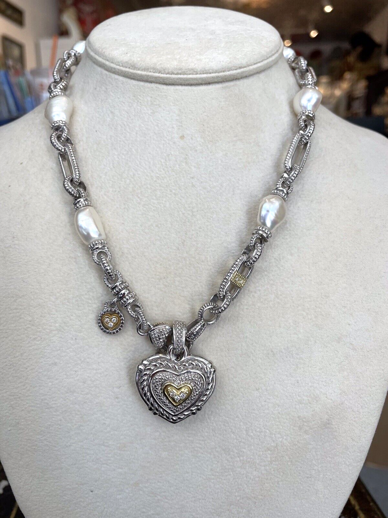 vintage judith ripka pearl and diamonds sterling and 18k chain necklace with heart pendant