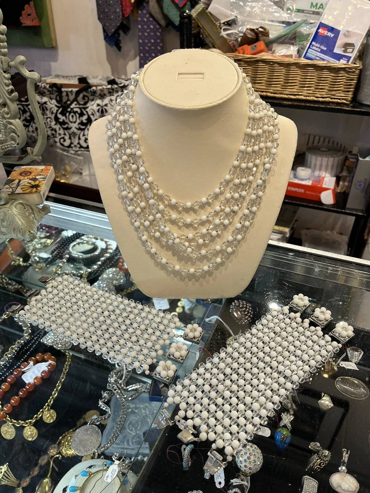 50s White and Clear Bead necklace with matching cuff bracelets
