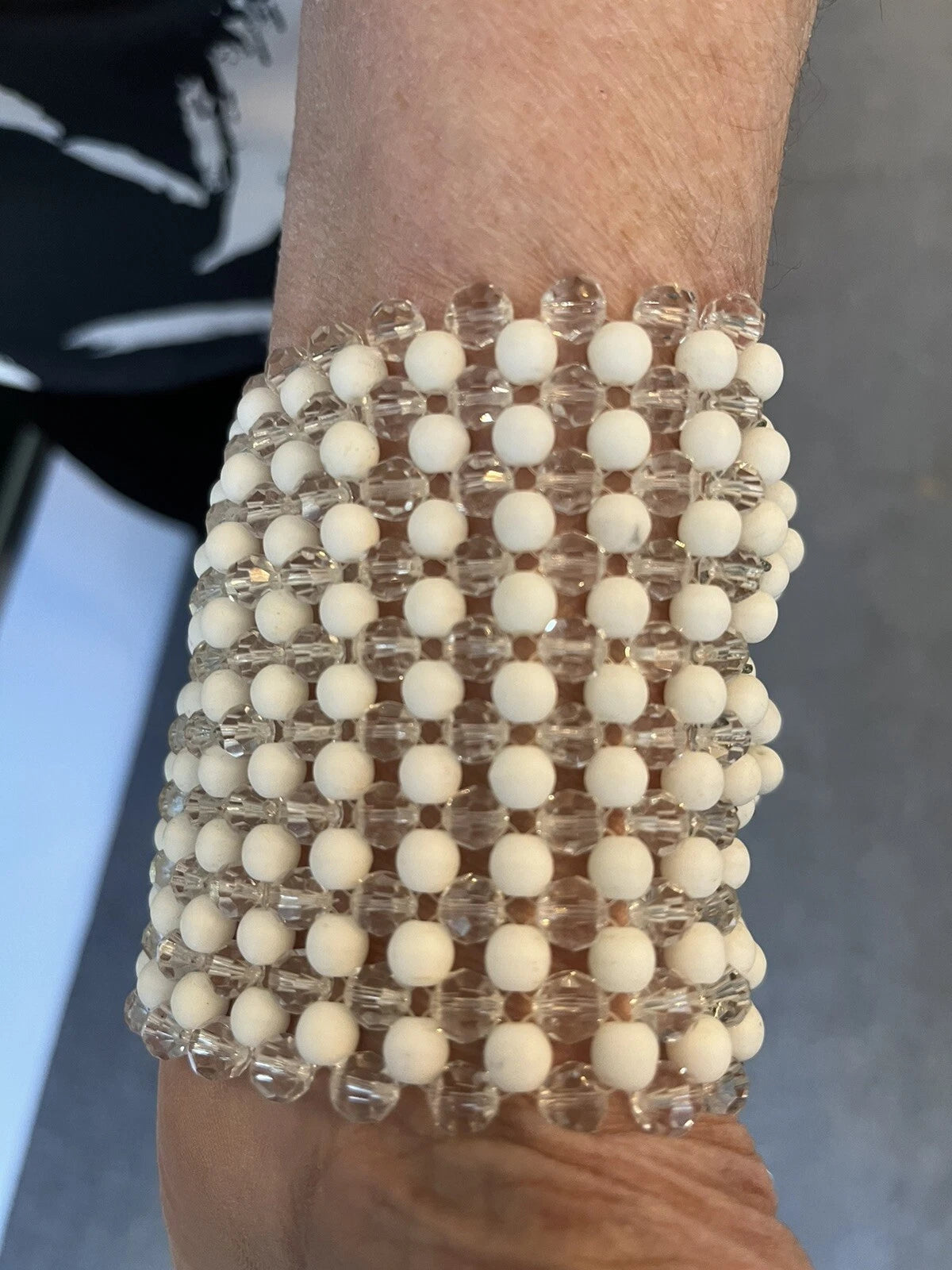 50s White and Clear Bead necklace with matching cuff bracelets