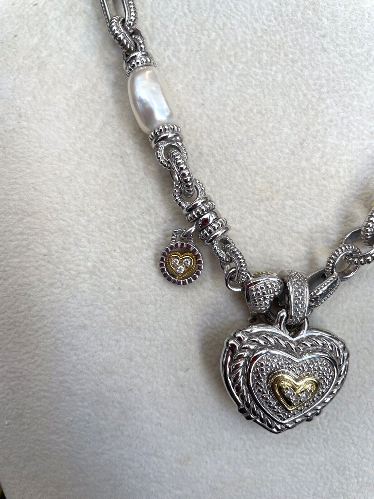 Judith Ripka Pearl And DiamondsSterling 18k Chain Necklace With Heart Pendant