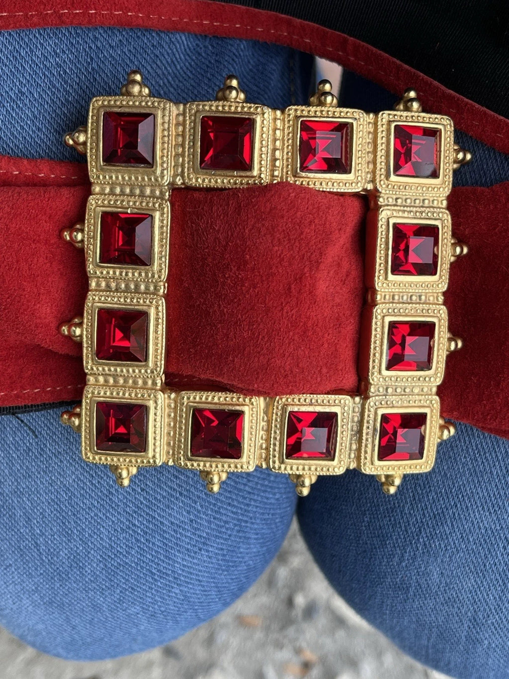 Rare Vintage 80s Ben Amun Red Faceted Crystals in Gold Belt Buckle
