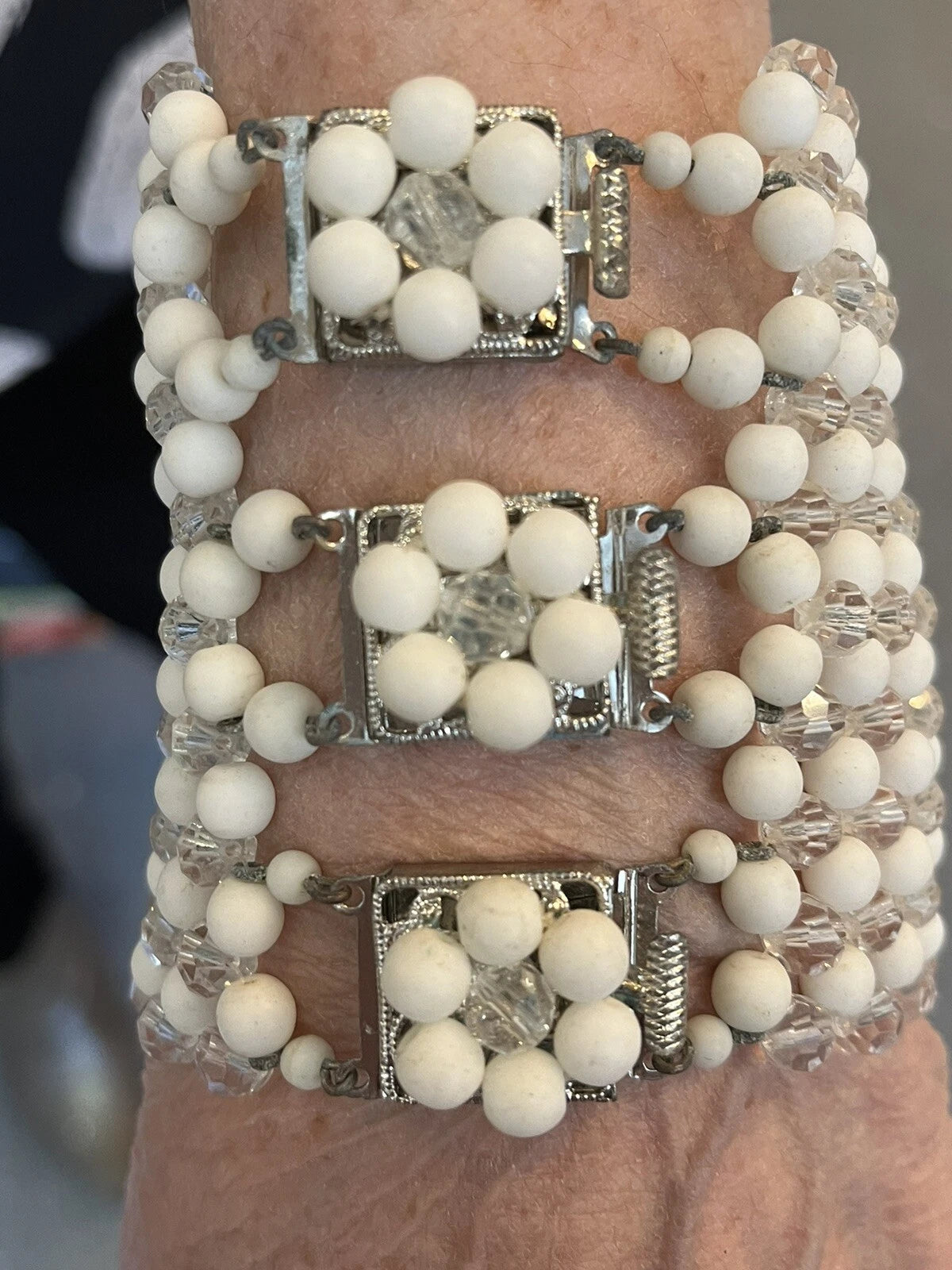 50s White and Clear Bead necklace with matching cuff bracelets
