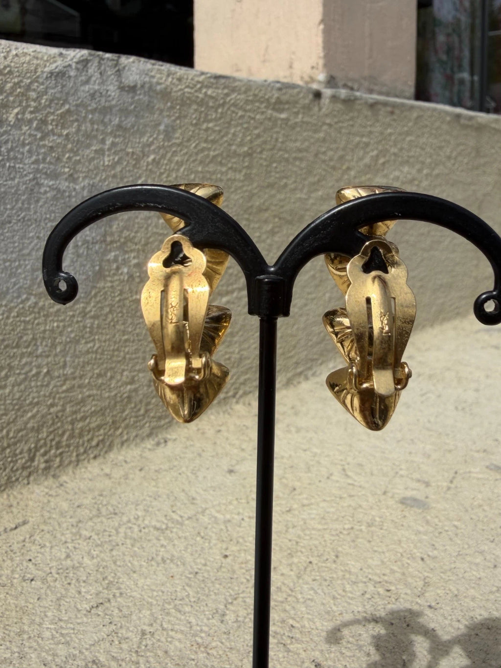 Vintage 80's YSL Gold Clip On Clear Crystal Triangle Earrings