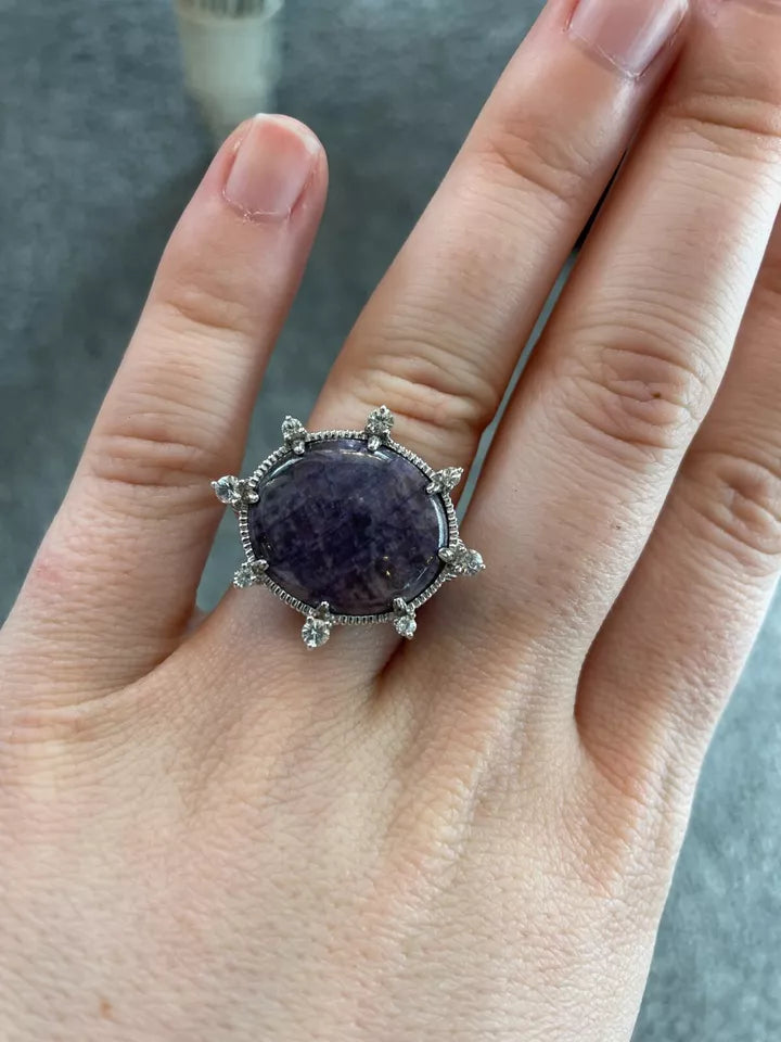 Judith Ripka Sterling , white diamonds and purple Charoite Ring