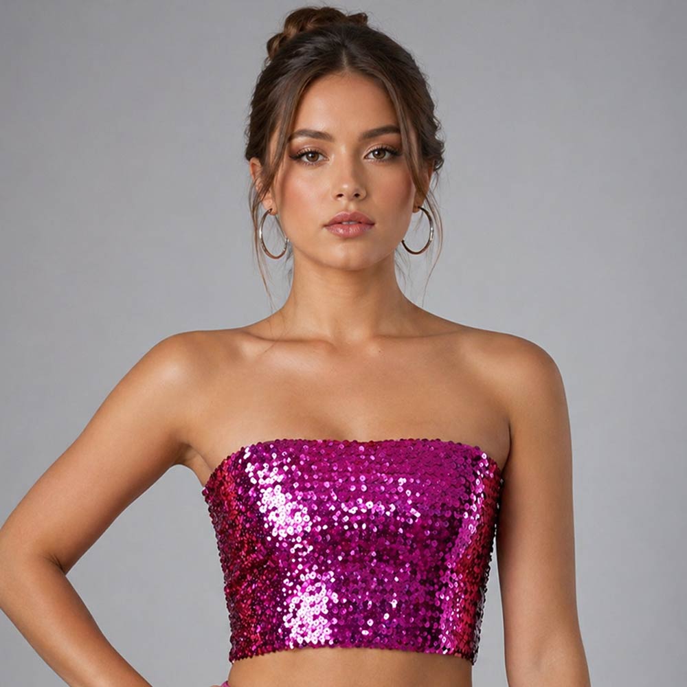 Pink Strapless Sequin Crop Tube Top