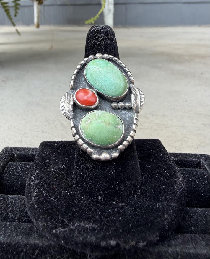 Sterling Silver and Turquoise Ring With Coral