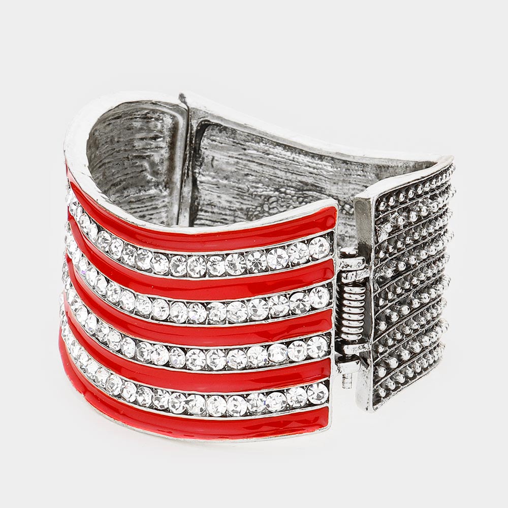 Silver Crystal Rhinestone American Flag Hinged Bracelet