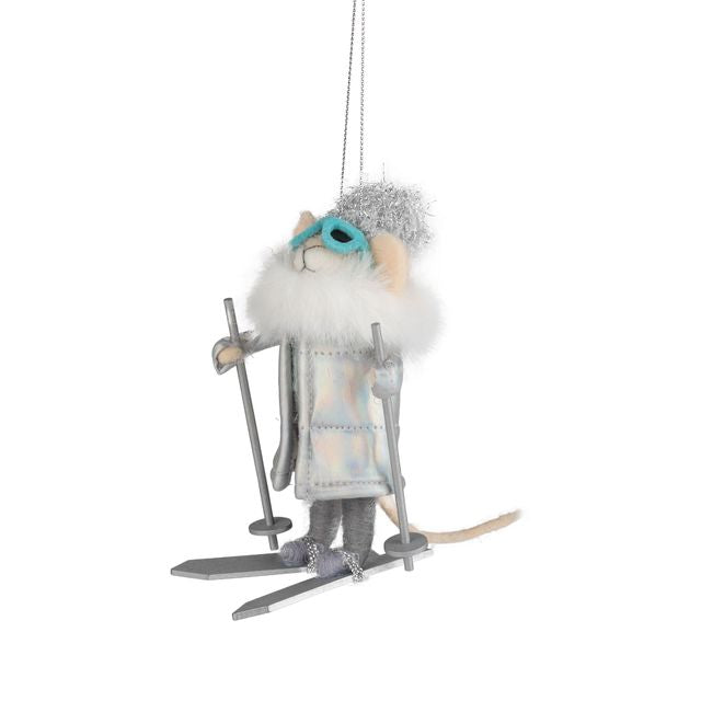 white and silver ski mouse ornament