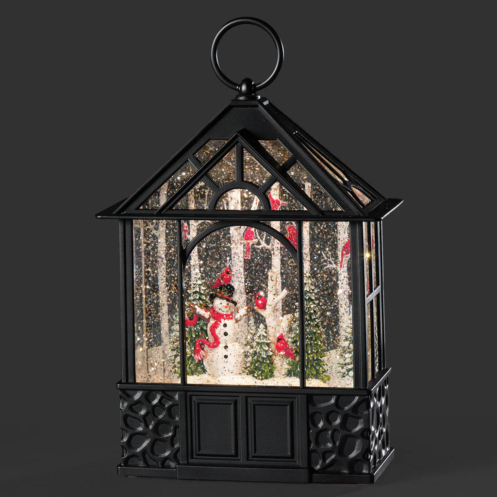 Confetti Lighted Swirl Black Gazebo with Cardinals & Snowman