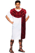 Man wearing a Roman costume with a red scarf and white tunic