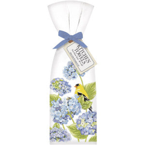 Blue Hydragea with Yellow Finch Pair of Cotton Kitchen Towels