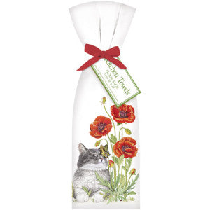 Grey Cat with Poppies Cotton Kitchen Towel Pair