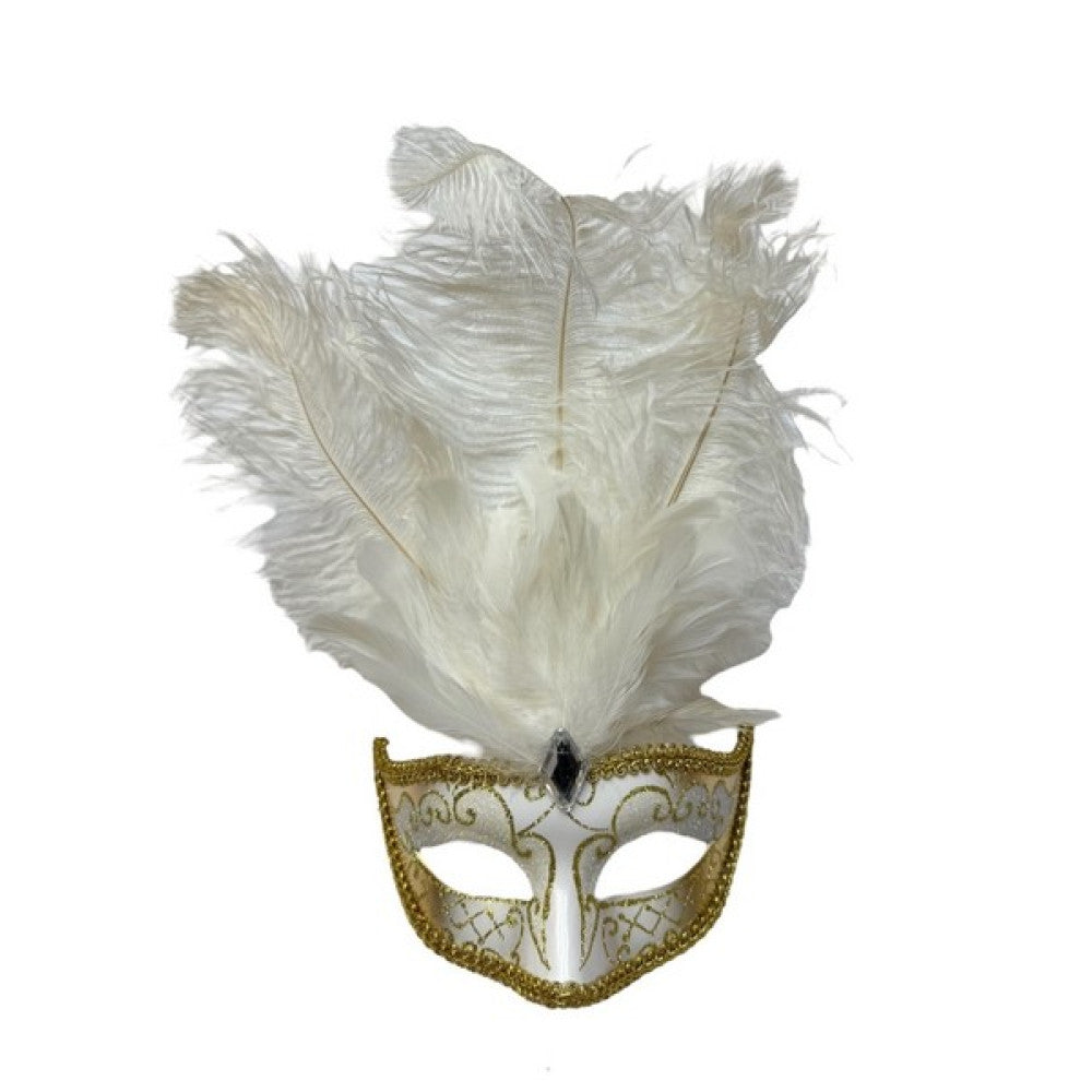White & Gold Venetian Feather Mask