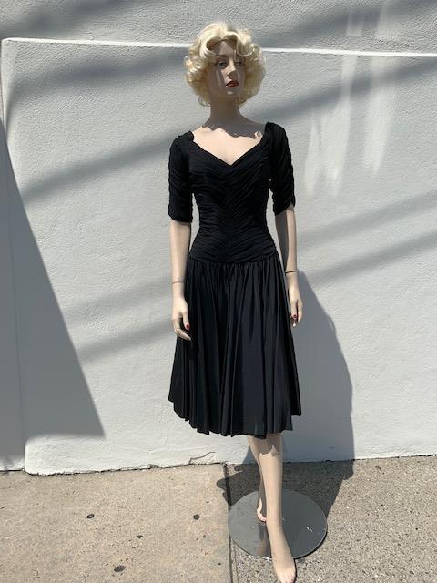 1950s black  silk jersey ruched cocktail dress
