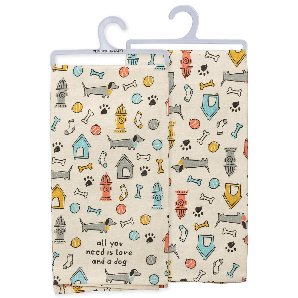 love and a dog kitchen towel
