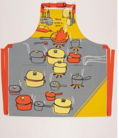 Man with a pan mens orange yellow and grey print apron