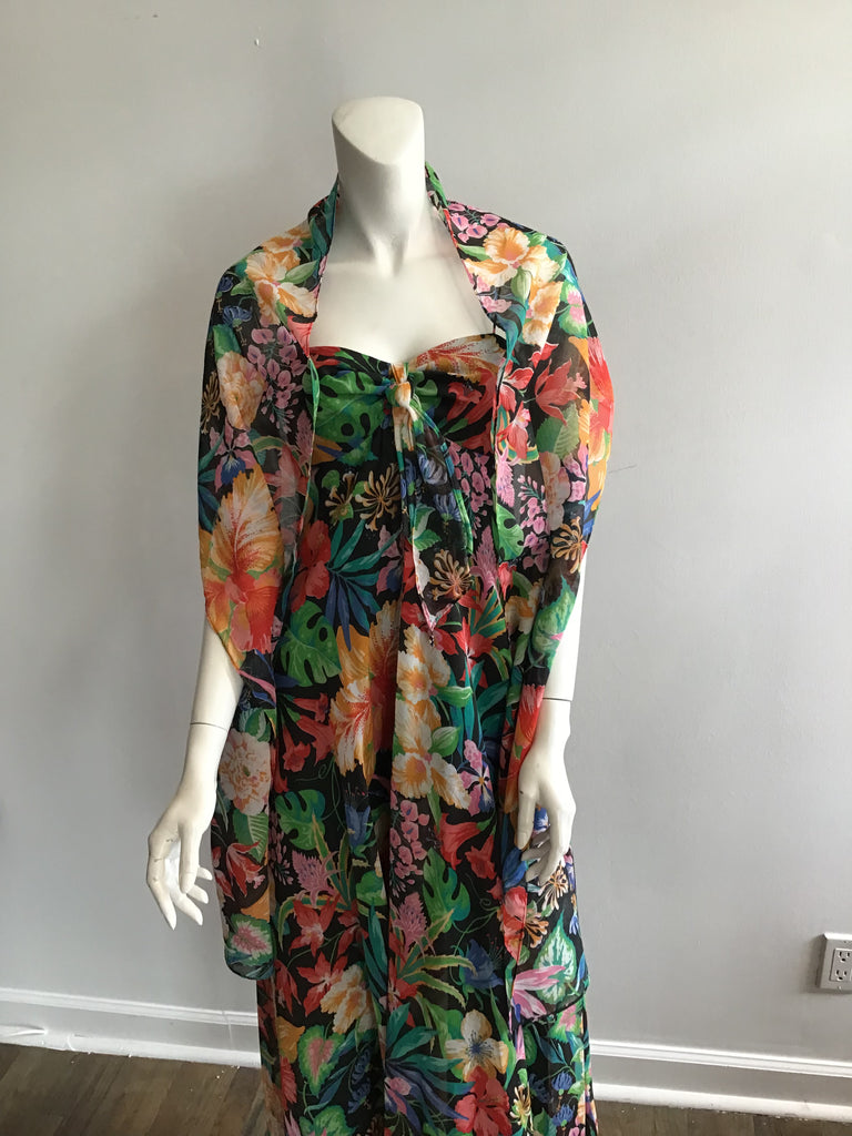 1970's Black and Multicolor Kappi Floral Evening Gown with Shawl/ unworn with original tags size 2-4