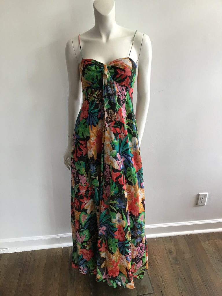 vintage 1970s black and multicolor kappi floral evening gown with shawl