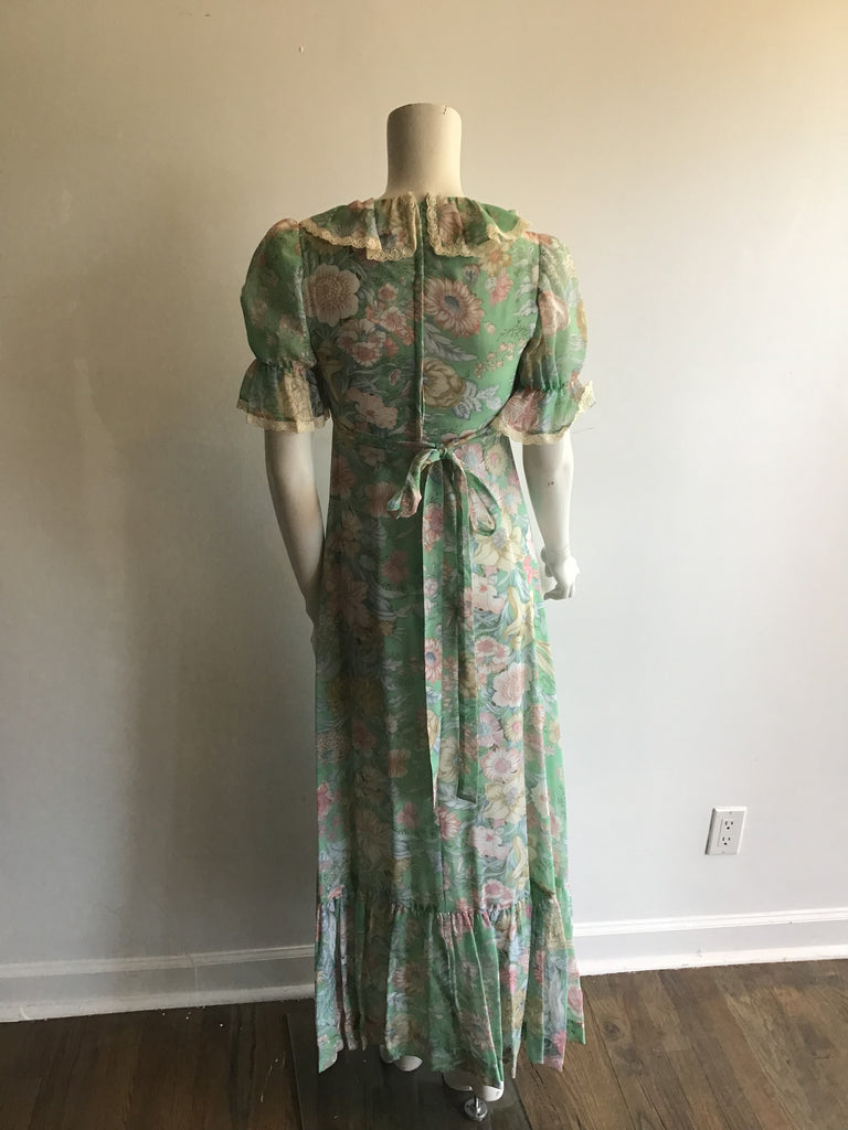 1970's Mint Green Floral Polyester  Prairie Dress size 2-4