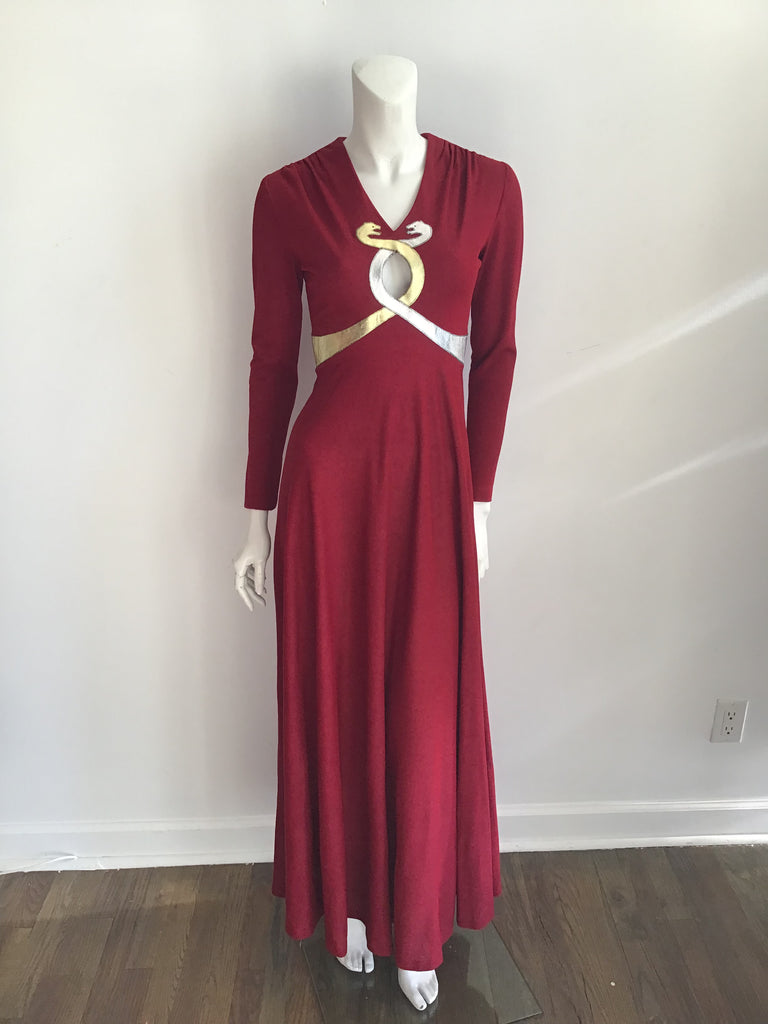 vintage 1970s red and gold mr boots snakes evening gown