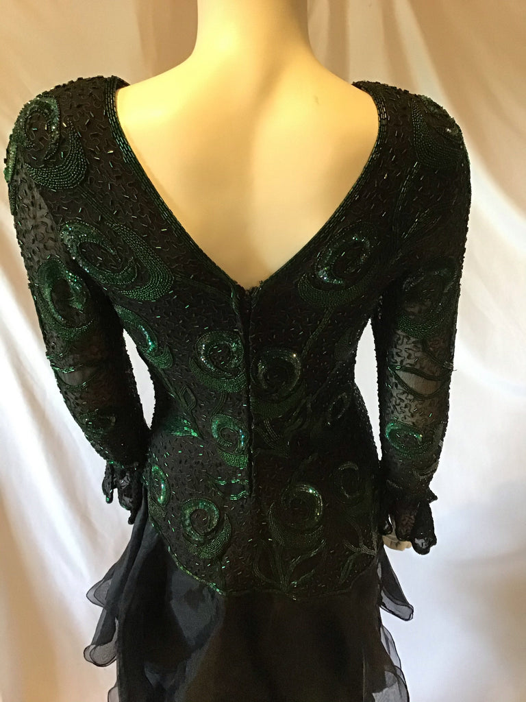 1980's Black Silk Chiffon Bodice /Silk Crepe Skirt  Green Beaded Peacock Motif Evening Dress-size 4