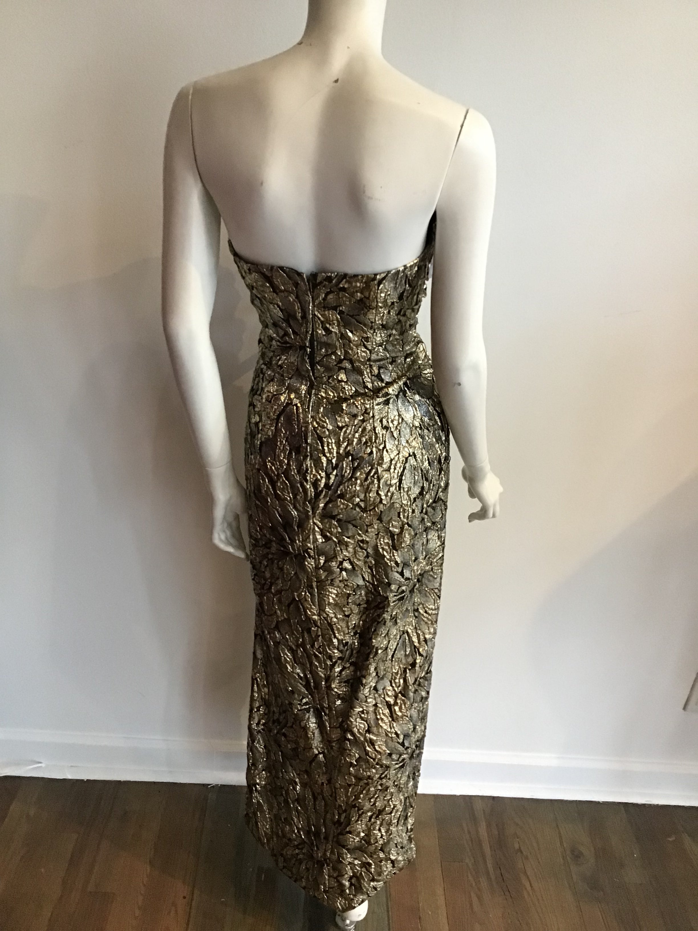 1980's Eugene Alexander Strapless Gold Metallic Evening Gown size 6 –  Sophia's Gallery