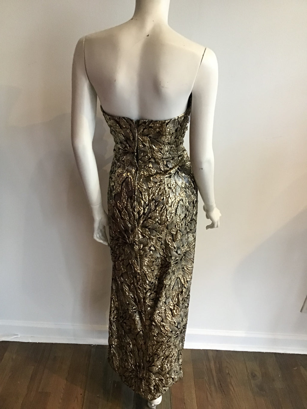 1980s Eugene Alexander Strapless Gold Metallic Evening gown