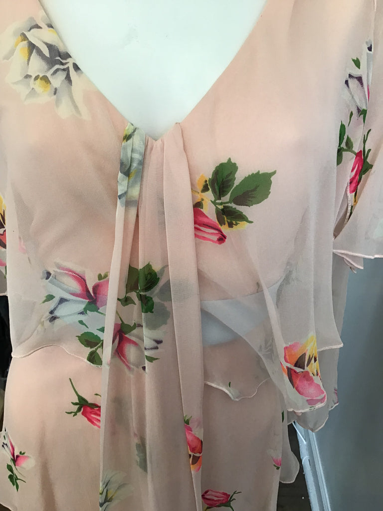 1980's Holly Harp Silk Chiffon Pink Floral Tiered Dress Size 8/9